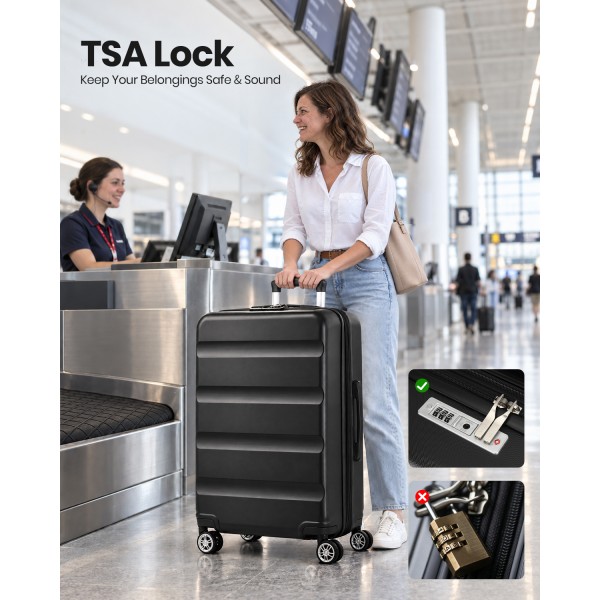 KSK2482 - Kono 3 -teilige horizontale gravierte Hartschalen-Taschen aus ABS+PC mit TSA-Schloss - Schwarz