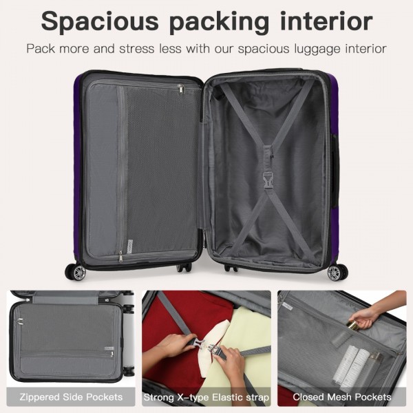 KSK2482 - Kono 3-Piece Horizontal Engraved Hard Shell ABS+PC Suitcase with TSA Lock - Purple