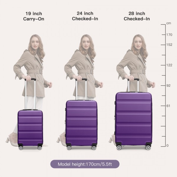KSK2482 - Kono 3-Piece Horizontal Engraved Hard Shell ABS+PC Suitcase with TSA Lock - Purple