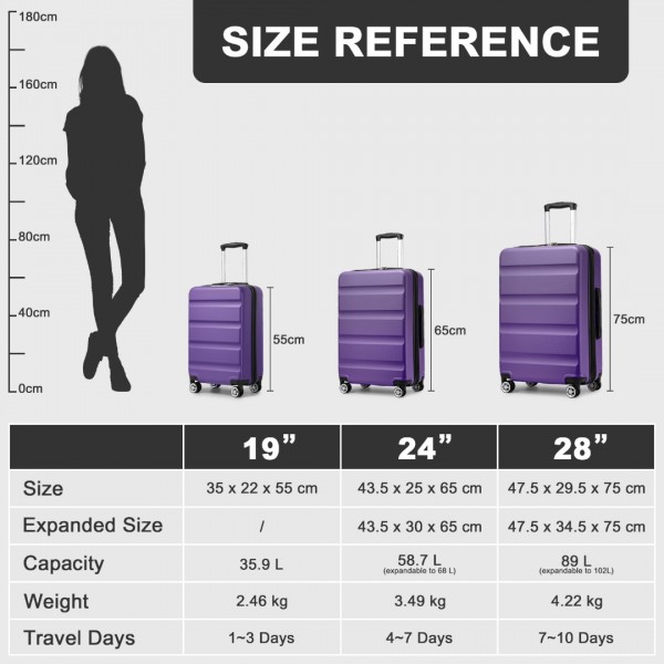 KSK2482 - Kono 3-Piece Horizontal Engraved Hard Shell ABS+PC Suitcase with TSA Lock - Purple