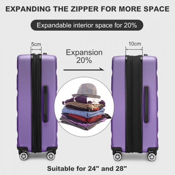 KSK2482 - Kono 3-Piece Horizontal Engraved Hard Shell ABS+PC Suitcase with TSA Lock - Purple