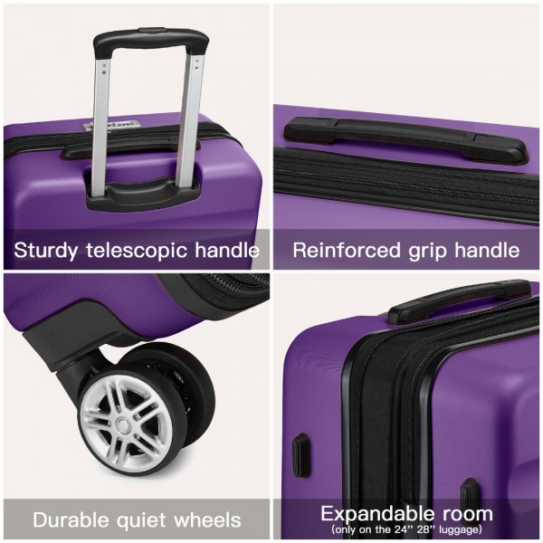 KSK2482 - Kono 3-Piece Horizontal Engraved Hard Shell ABS+PC Suitcase with TSA Lock - Purple