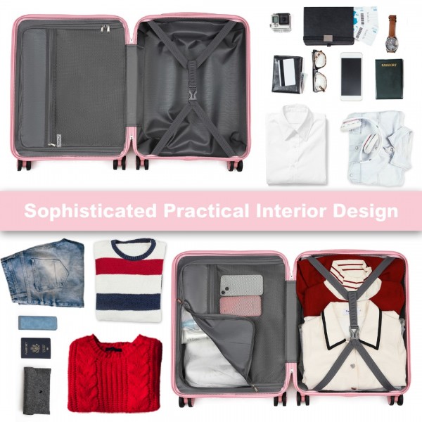 KSK2483 - Kono 20 Zoll Schlank Gestreift Handgepäckkoffer Langlebig ABS+PC Reisegepäck Mit Vier Spinner-Rädern und TSA-Schloss Perfekt für Reisen - Rosa