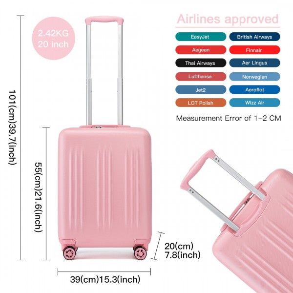 KSK2483 - Kono 20 Zoll Schlank Gestreift Handgepäckkoffer Langlebig ABS+PC Reisegepäck Mit Vier Spinner-Rädern und TSA-Schloss Perfekt für Reisen - Rosa