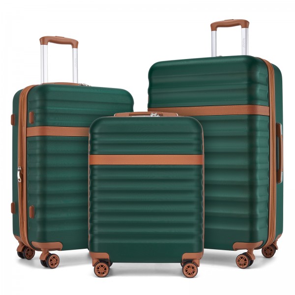KSK2484 - Kono 3-Piece Expandable Luggage Set 20"/24"/28" Durable Hard Shell ABS+PC Suitcases with TSA Lock for Secure Travel - Green and Brown