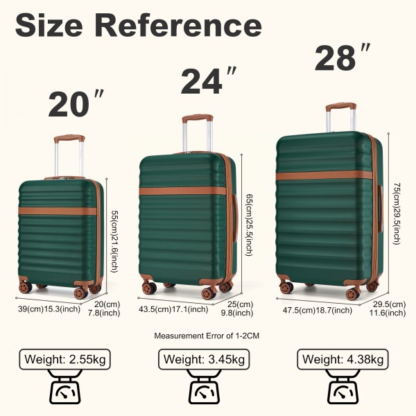 KSK2484 - Kono 3-Piece Expandable Luggage Set 20"/24"/28" Durable Hard Shell ABS+PC Suitcases with TSA Lock for Secure Travel - Green and Brown