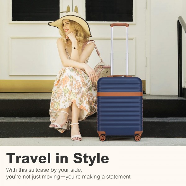 KSK2484 - Kono 20 Inch Stylish Lightweight Hard Shell ABS+PC Cabin Carry-On Suitcase with TSA Lock for Enhanced Security - Navy and Brown