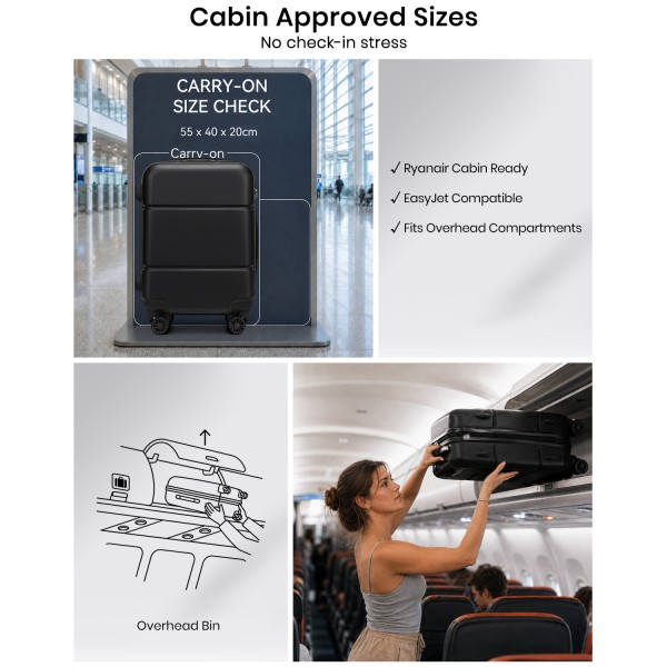 KSK2485 - Kono 20 Inch Premium ABS Cabin Carry-On Suitcase with Secure Combination Lock for Effortless Travel - Black