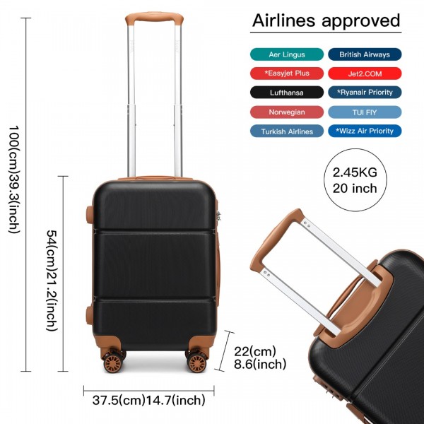 KSK2485 - Kono 20 Zoll Hochwertig ABS Kabinen-Tragekoffer mit sicherem Kombinationsschloss für müheloses Reisen - Schwarz und Braun