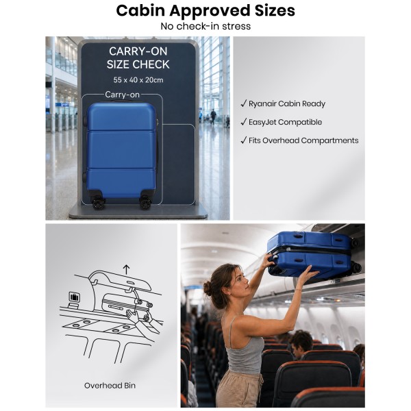 KSK2485 - Kono 20 Inch Premium ABS Cabin Carry-On Suitcase with Secure Combination Lock for Effortless Travel - Navy and Black