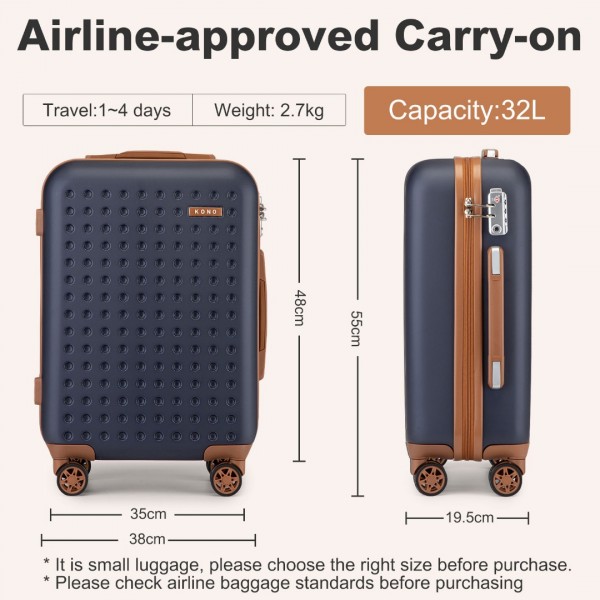 KSK2486 - Kono Stylish ABS+PC 20 Inch Polka Dot Hard Shell Cabin Suitcase With TSA Lock - Navy And Brown