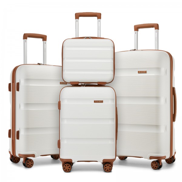 KSK2492 - Kono 4-Piece PP Hardshell Luggage Set–Durable Travel Suitcases with TSA Lock, 360° Spinner Wheels with Vanity Case - Cream and Brown