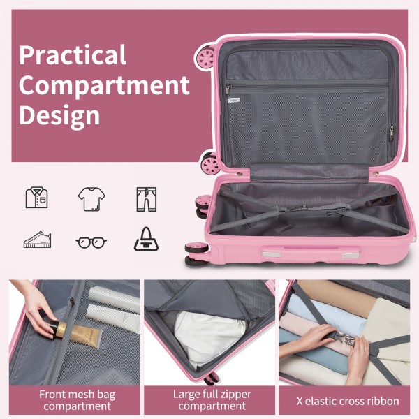 KSK2492 - Kono 19-Inch PP Hardshell Carry-On Suitcase–Lightweight Cabin Luggage with TSA Lock, 360° Silent Spinner Wheels - Pink