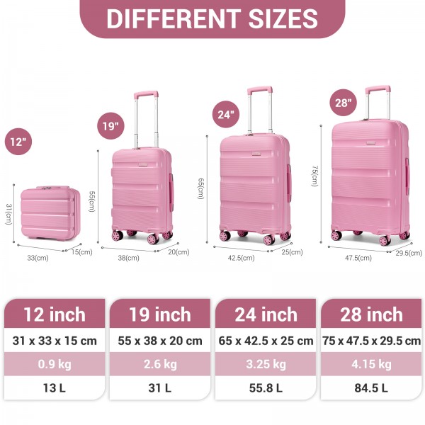 KSK2492 - Kono 4-teiliges PP-Hartschalegepäckset - Durable Reisekoffer mit TSA-Schloss, 360°-Drehrollen und Toilettentasche - Rosa