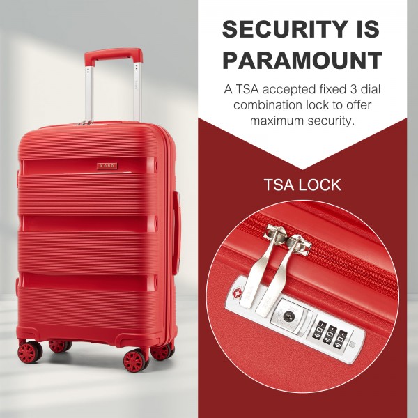 KSK2492 - Kono 19-Inch PP Hardshell Carry-On Suitcase–Lightweight Cabin Luggage with TSA Lock, 360° Silent Spinner Wheels - Red