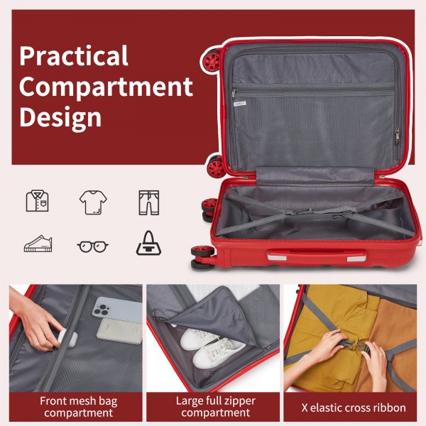KSK2492 - Kono 19-Inch PP Hardshell Carry-On Suitcase–Lightweight Cabin Luggage with TSA Lock, 360° Silent Spinner Wheels - Red