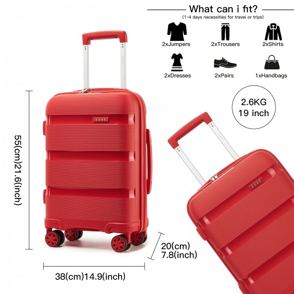 KSK2492 - Kono 19-Inch PP Hardshell Carry-On Suitcase–Lightweight Cabin Luggage with TSA Lock, 360° Silent Spinner Wheels - Red