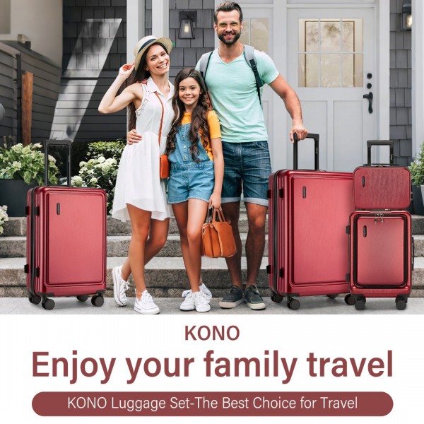 KSK2493 - Kono Durable ABS+PC Hardshell Luggage Set with TSA Lock 360° Spinner Wheels 4-Piece Set 20/24/28 And Vanity Case - Burgundy