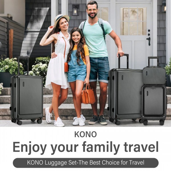 KSK2493 - Kono Haltbares Hartschalen-Gepäckset aus ABS+PC mit TSA-Schloss und 360°-Dreirädern, 4-stückiges Set (20 Zoll, 24 Zoll, 28 Zoll) und Kosmetiktasche - Grau