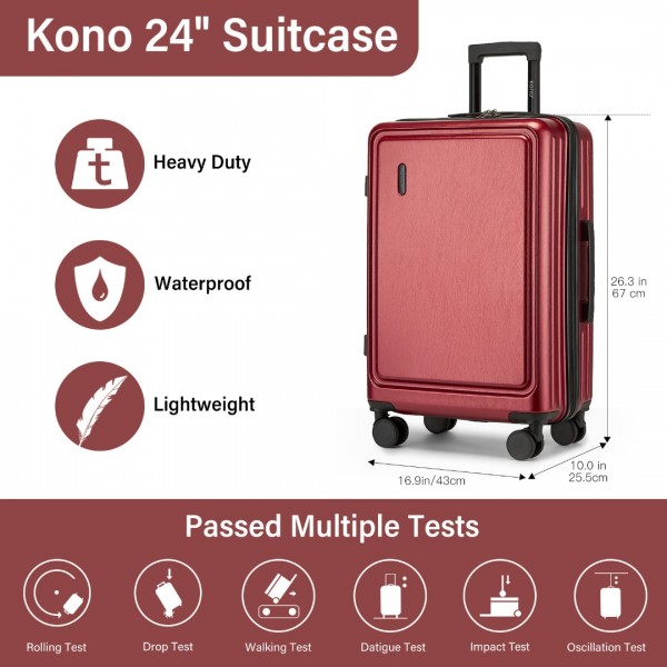KSK2493 - Kono Durable 24 Inch ABS+PC Hardshell Suitcase with TSA Lock Lightweight Travel Luggage with 360° Spinner Wheels - Burgundy