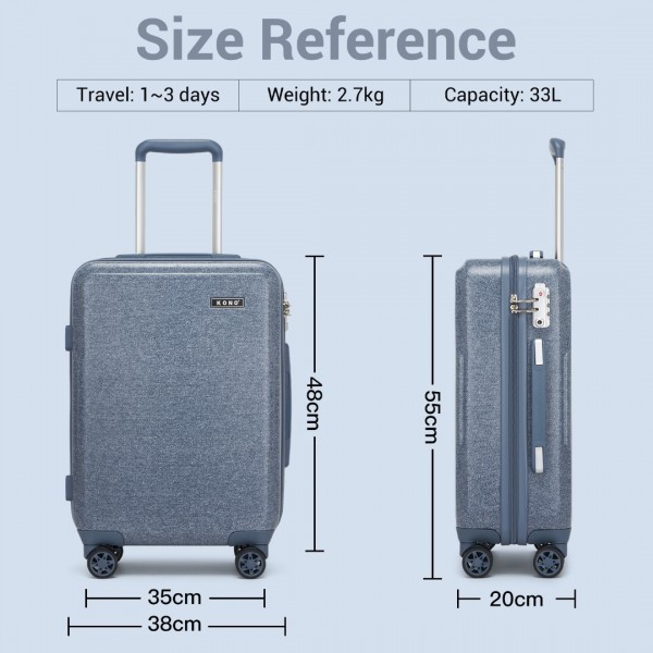 KSK2494 - Kono 20 Inch Cabin Size Minimalist Hard Shell ABS+PC Carry-On Suitcase with TSA Lock 360° Spinner Wheels - Denim Blue