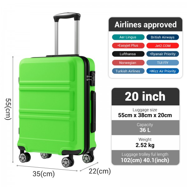 KSK2581 - Kono 20‑Zoll‑Hartschalen‑Kabinenkoffer aus ABS+PC, TSA‑Schloss, YKK‑Reißverschluss, 360° TPE‑Leichtlaufrollen Handgepäck – Apfelgrün und Schwarz