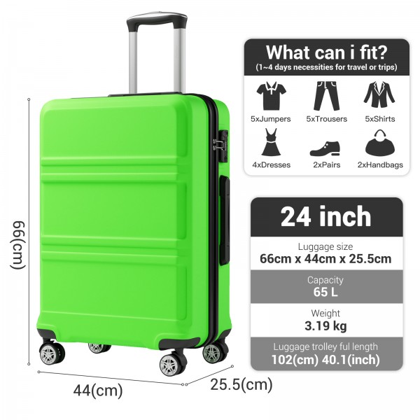 KSK2581 - Kono 24‑Zoll‑Hartschalenkoffer aus ABS+PC, TSA‑Schloss, YKK‑Reißverschluss, 360°‑Drehrollen, mittlerer Aufgabe‑Koffer ‑ Apfelgrün und Schwarz