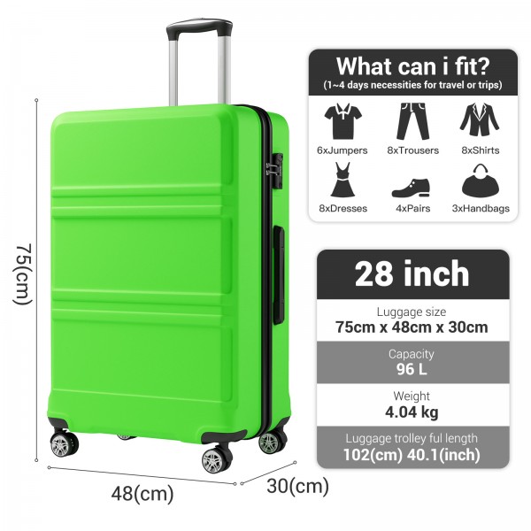 KSK2581 - Kono 28‑Zoll‑Hartschalen‑Koffer mit hohem Fassungsvermögen aus ABS+PC, TSA‑Schloss, YKK‑Reißverschluss, 360° leise Laufrollen‑ Apfelgrün und Schwarz