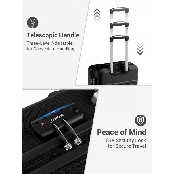 KSK2581 - Kono 28 Inch Large Capacity ABS+PC Hard Shell Suitcase, TSA Lock YKK Zipper 360° Silent Spinner Wheels Luggage - Black