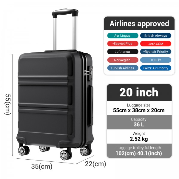 KSK2581 - Kono 20 Inch ABS+PC Hard Shell Cabin Suitcase, TSA Lock YKK Zipper 360° TPE Spinner Wheels Carry On Luggage - Black