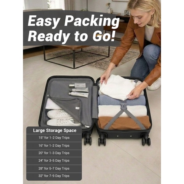 KSK2581 - Kono 28 Inch Large Capacity ABS+PC Hard Shell Suitcase, TSA Lock YKK Zipper 360° Silent Spinner Wheels Luggage - Black