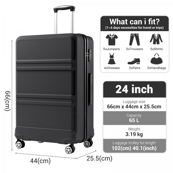 KSK2581 - Kono 24‑Zoll‑Hartschalenkoffer aus ABS+PC, TSA‑Schloss, YKK‑Reißverschluss, 360°‑Drehrollen, mittlerer Aufgabe‑Koffer ‑ Schwarz