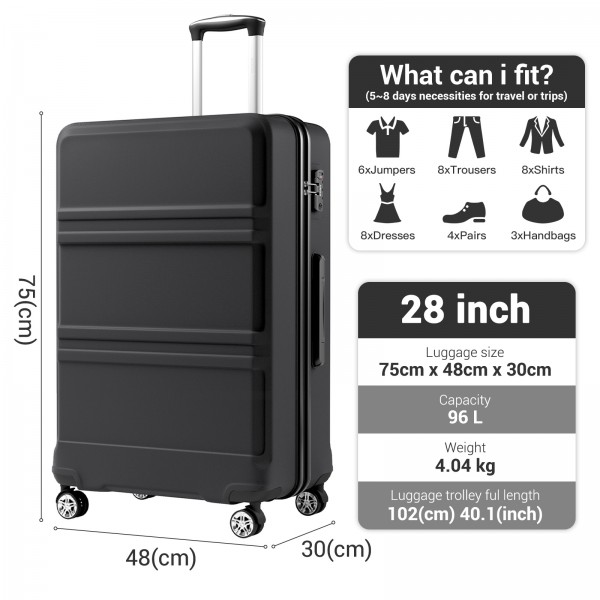 KSK2581 - Kono 28 Inch Large Capacity ABS+PC Hard Shell Suitcase, TSA Lock YKK Zipper 360° Silent Spinner Wheels Luggage - Black