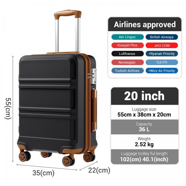 KSK2581 - Kono 20 Inch ABS+PC Hard Shell Cabin Suitcase, TSA Lock YKK Zipper 360° TPE Spinner Wheels Carry On Luggage - Black And Brown