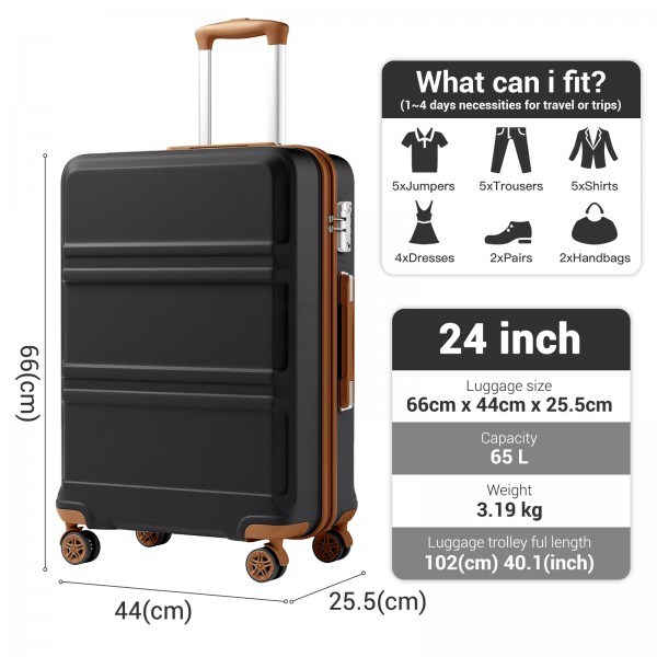 KSK2581 - Kono 24 Inch ABS+PC Hard Shell Suitcase, TSA Lock YKK Zipper 360° Spinner Wheels Medium Checked Luggage - Black And Brown