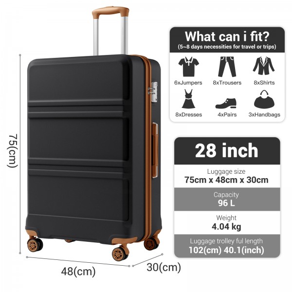 KSK2581 - Kono 28 Inch Large Capacity ABS+PC Hard Shell Suitcase, TSA Lock YKK Zipper 360° Silent Spinner Wheels Luggage - Black And Brown