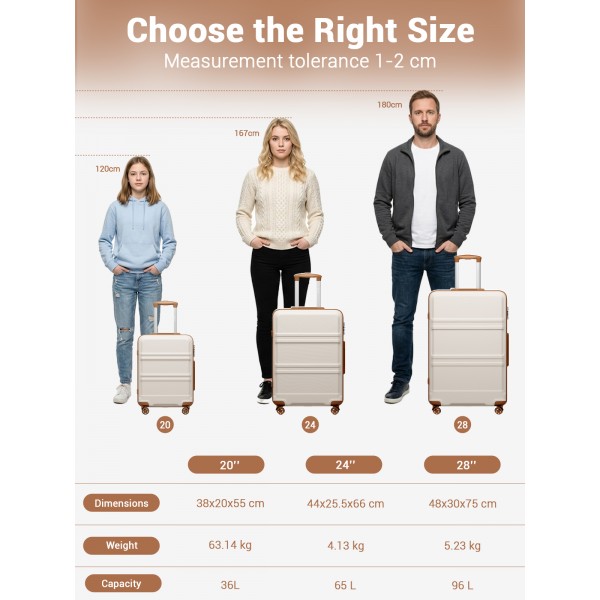 KSK2581 - Kono 28 Inch Large Capacity ABS+PC Hard Shell Suitcase, TSA Lock YKK Zipper 360° Silent Spinner Wheels Luggage - Cream And Brown