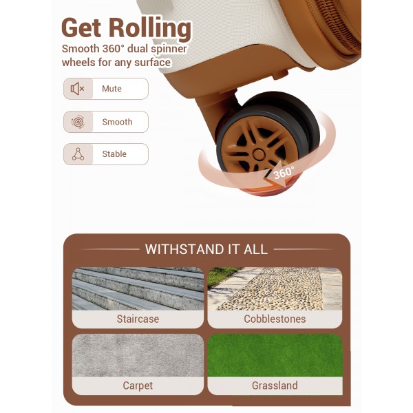 KSK2581 - Kono 28 Inch Large Capacity ABS+PC Hard Shell Suitcase, TSA Lock YKK Zipper 360° Silent Spinner Wheels Luggage - Cream And Brown