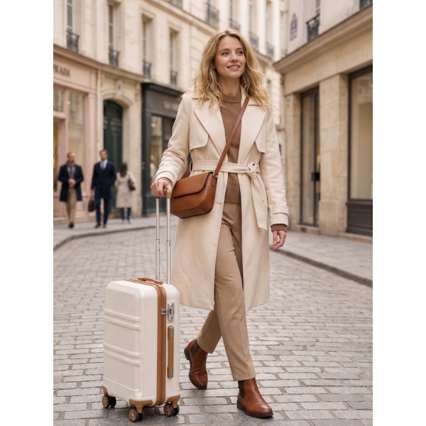 KSK2581 - Kono 24 Inch ABS+PC Hard Shell Suitcase, TSA Lock YKK Zipper 360° Spinner Wheels Medium Checked Luggage - Cream And Brown