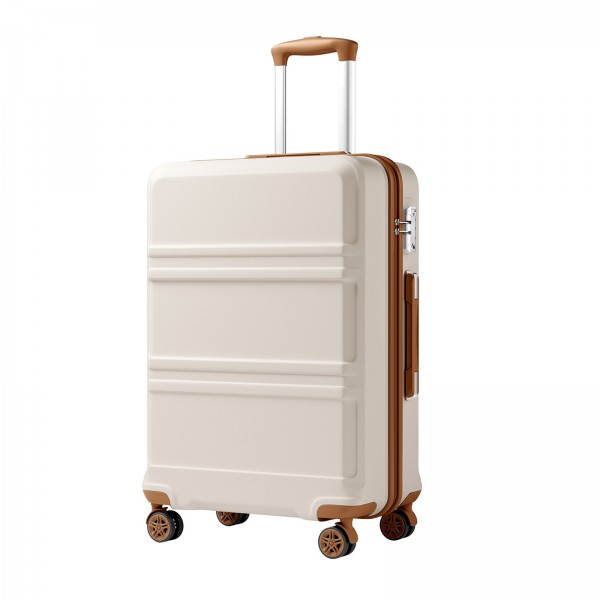 KSK2581 - Kono 24 Inch ABS+PC Hard Shell Suitcase, TSA Lock YKK Zipper 360° Spinner Wheels Medium Checked Luggage - Cream And Brown