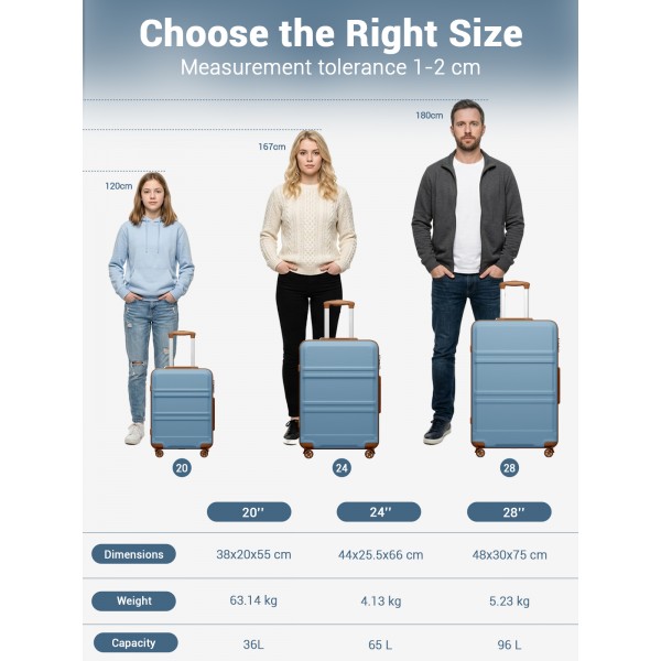 KSK2581 - Kono 24‑Zoll‑Hartschalenkoffer aus ABS+PC, TSA‑Schloss, YKK‑Reißverschluss, 360°‑Drehrollen, mittlerer Aufgabe‑Koffer ‑ Graublau und Braun