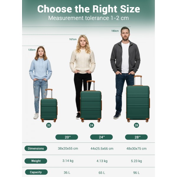 KSK2581 - Kono 20 Inch ABS+PC Hard Shell Cabin Suitcase, TSA Lock YKK Zipper 360° TPE Spinner Wheels Carry On Luggage - Green And Brown