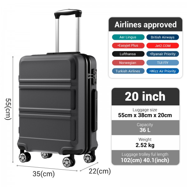 KSK2581 - Kono 20‑Zoll‑Hartschalen‑Kabinenkoffer aus ABS+PC, TSA‑Schloss, YKK‑Reißverschluss, 360° TPE‑Leichtlaufrollen Handgepäck – Grau und Schwarz