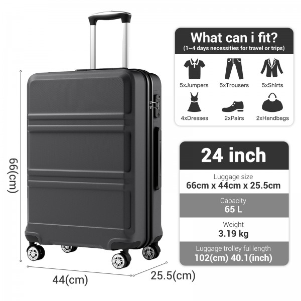 KSK2581 - Kono 24 Inch ABS+PC Hard Shell Suitcase, TSA Lock YKK Zipper 360° Spinner Wheels Medium Checked Luggage - Grey And Black
