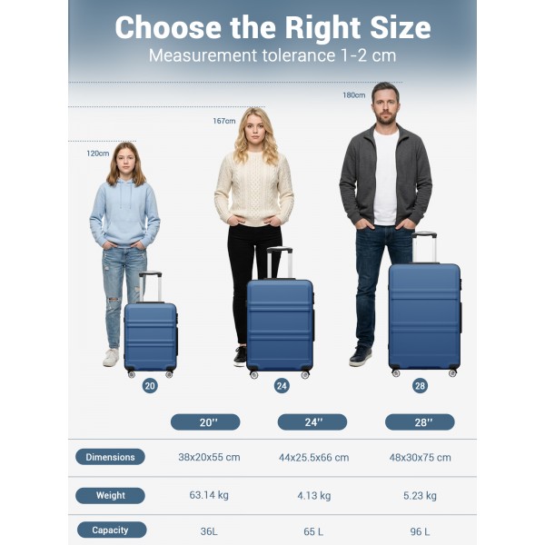 KSK2581 - Kono 24 Inch ABS+PC Hard Shell Suitcase, TSA Lock YKK Zipper 360° Spinner Wheels Medium Checked Luggage - Navy And Black