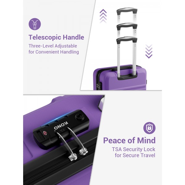 KSK2581 - Kono 28 Inch Large Capacity ABS+PC Hard Shell Suitcase, TSA Lock YKK Zipper 360° Silent Spinner Wheels Luggage - Purple And Black