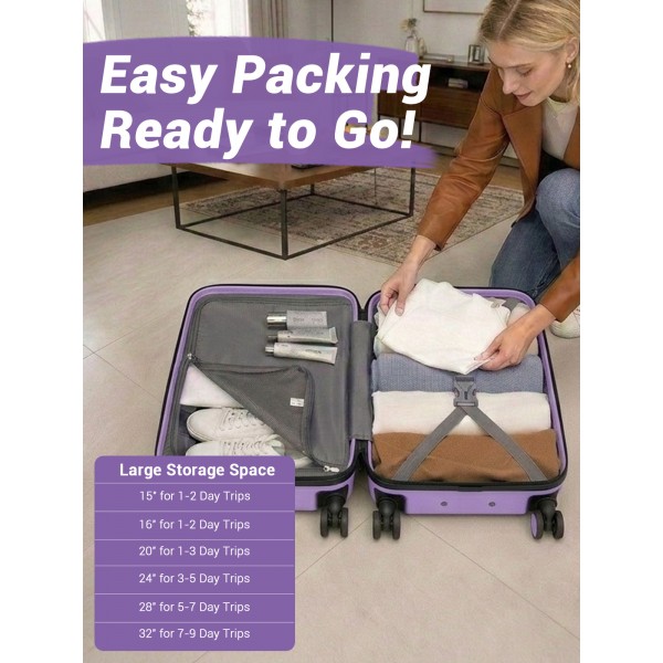 KSK2581 - Kono 24 Inch ABS+PC Hard Shell Suitcase, TSA Lock YKK Zipper 360° Spinner Wheels Medium Checked Luggage - Purple And Black
