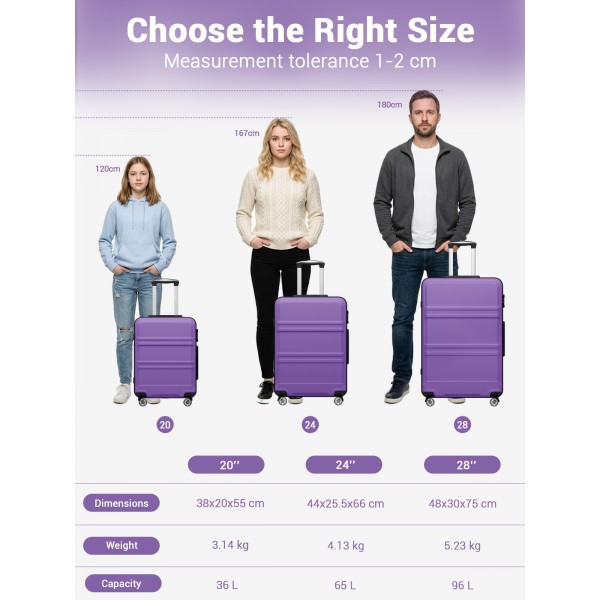 KSK2581 - Kono 24 Inch ABS+PC Hard Shell Suitcase, TSA Lock YKK Zipper 360° Spinner Wheels Medium Checked Luggage - Purple And Black