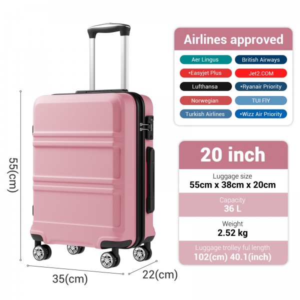 KSK2581 - Kono 20 Inch ABS+PC Hard Shell Cabin Suitcase, TSA Lock YKK Zipper 360° TPE Spinner Wheels Carry On Luggage - Pink And Black