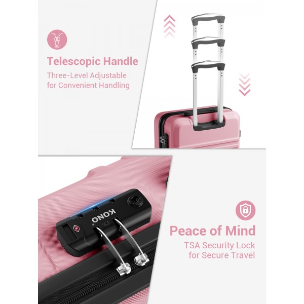 KSK2581 - Kono 28 Inch Large Capacity ABS+PC Hard Shell Suitcase, TSA Lock YKK Zipper 360° Silent Spinner Wheels Luggage - Pink And Black